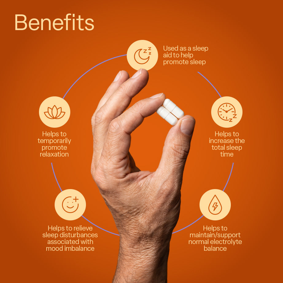 Benefits of One Sleep: hand holding two capsules with Health Canada-validated claims