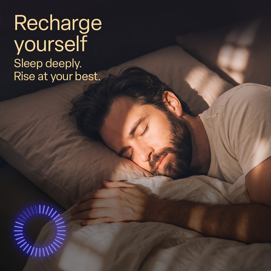 Man sleeping peacefully. Recharge yourself: sleep deeply, rise at your best with One Sleep